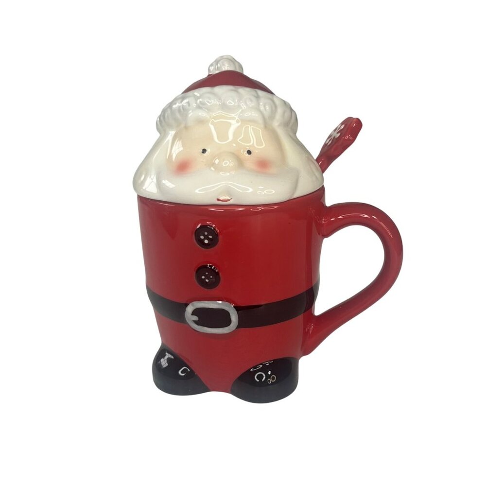 Santa Claus Ceramic Mug Lid & Spoon Red White‎ Holiday